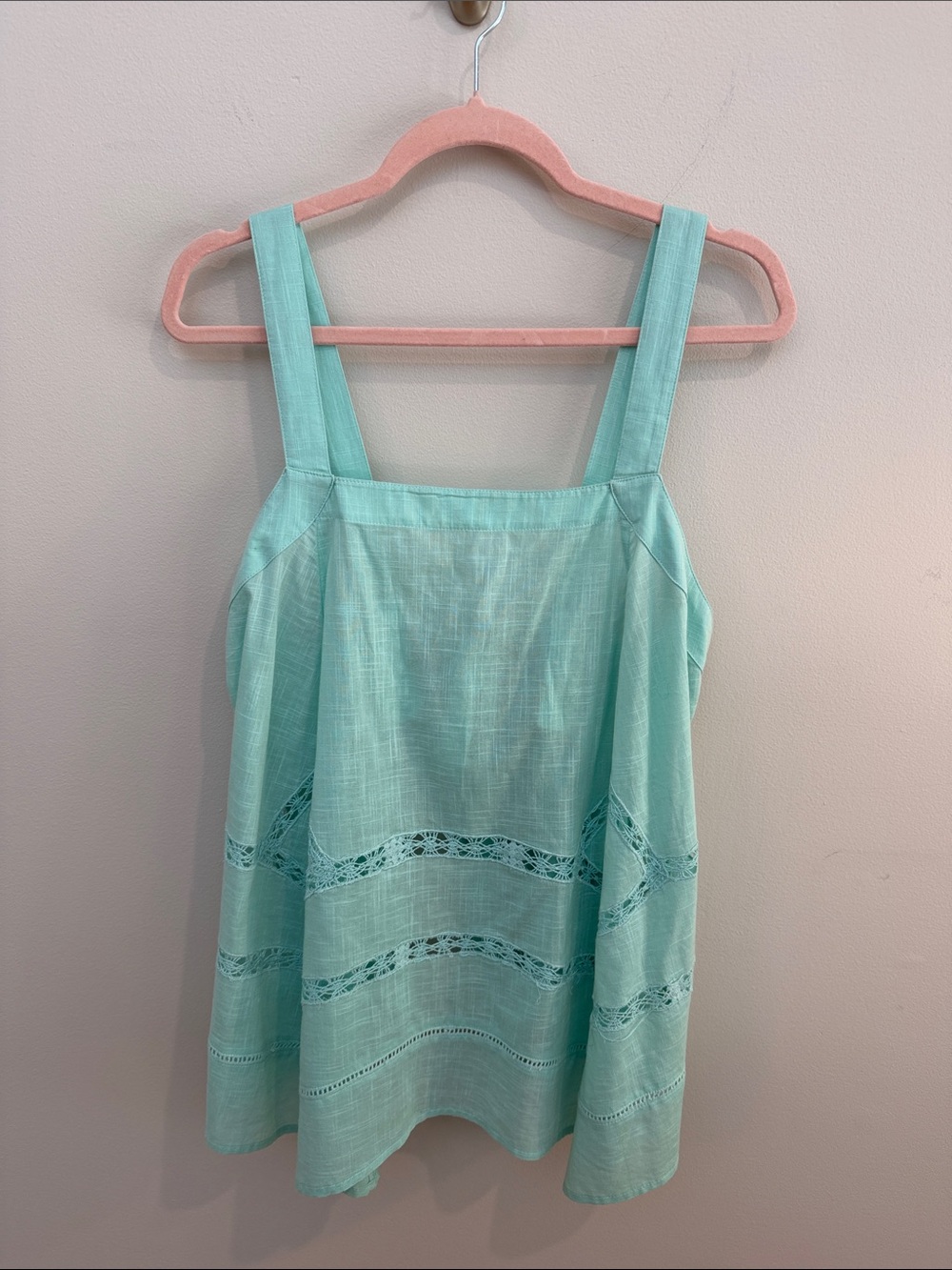 Free People Light Aqua Linen-Blend Lace Inset Tank Top
